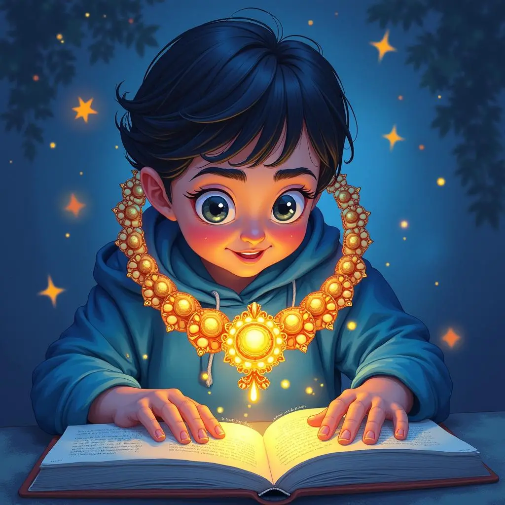 The necklace shines more brightly