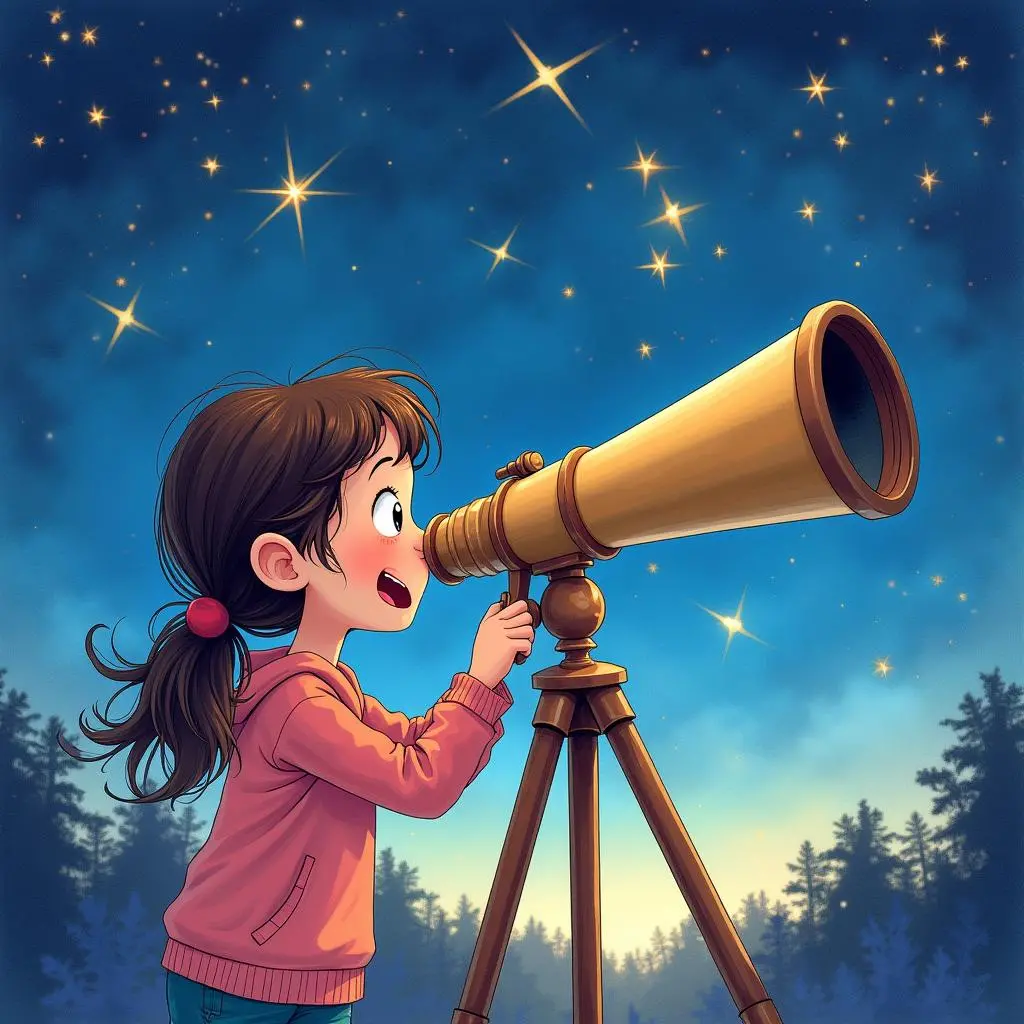 露西透过望远镜观看星空,脸上满是惊喜