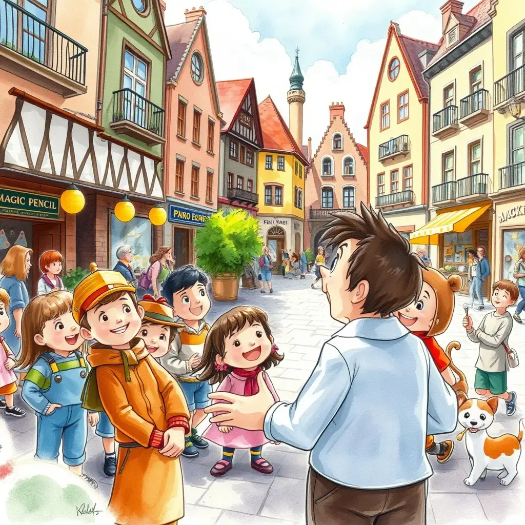汤姆用铅笔给孩子们画小动物
