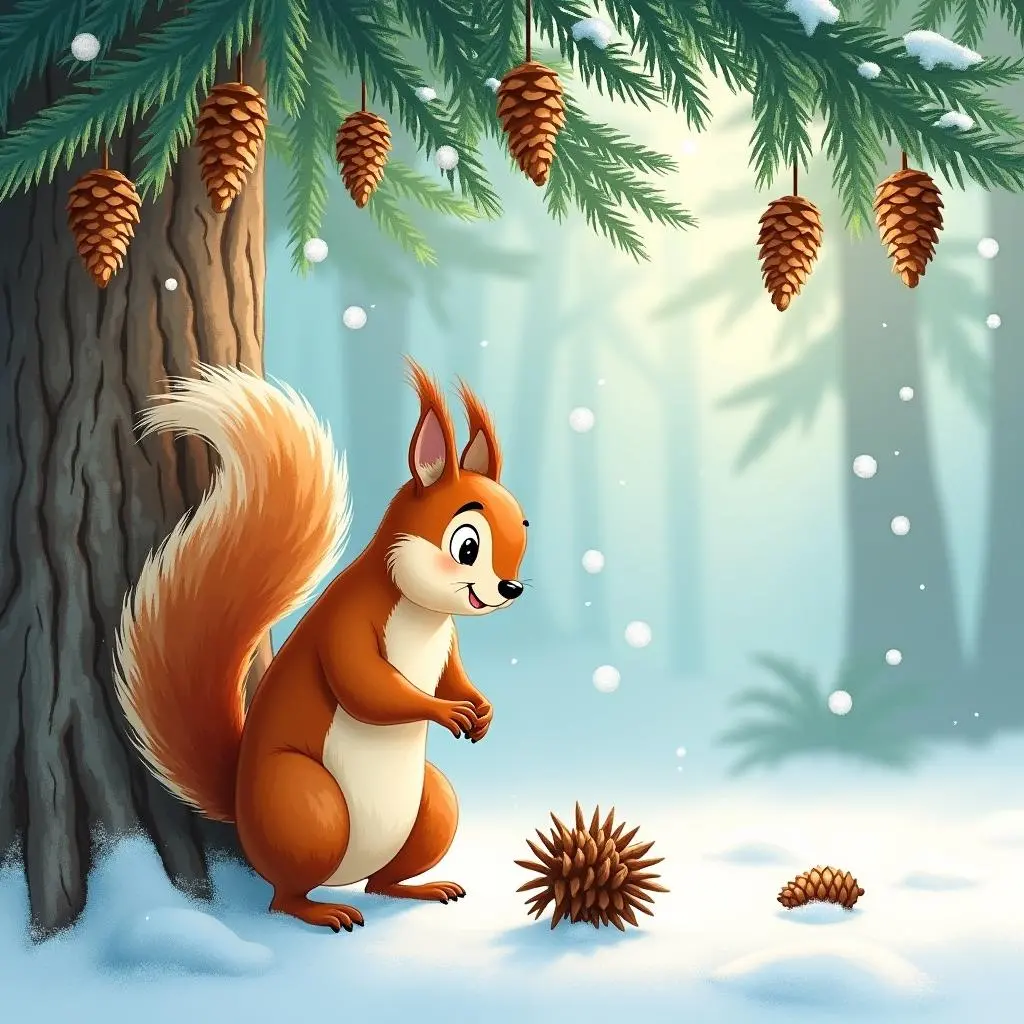 The little squirrel looks up at the magic pine cones on the pine tree