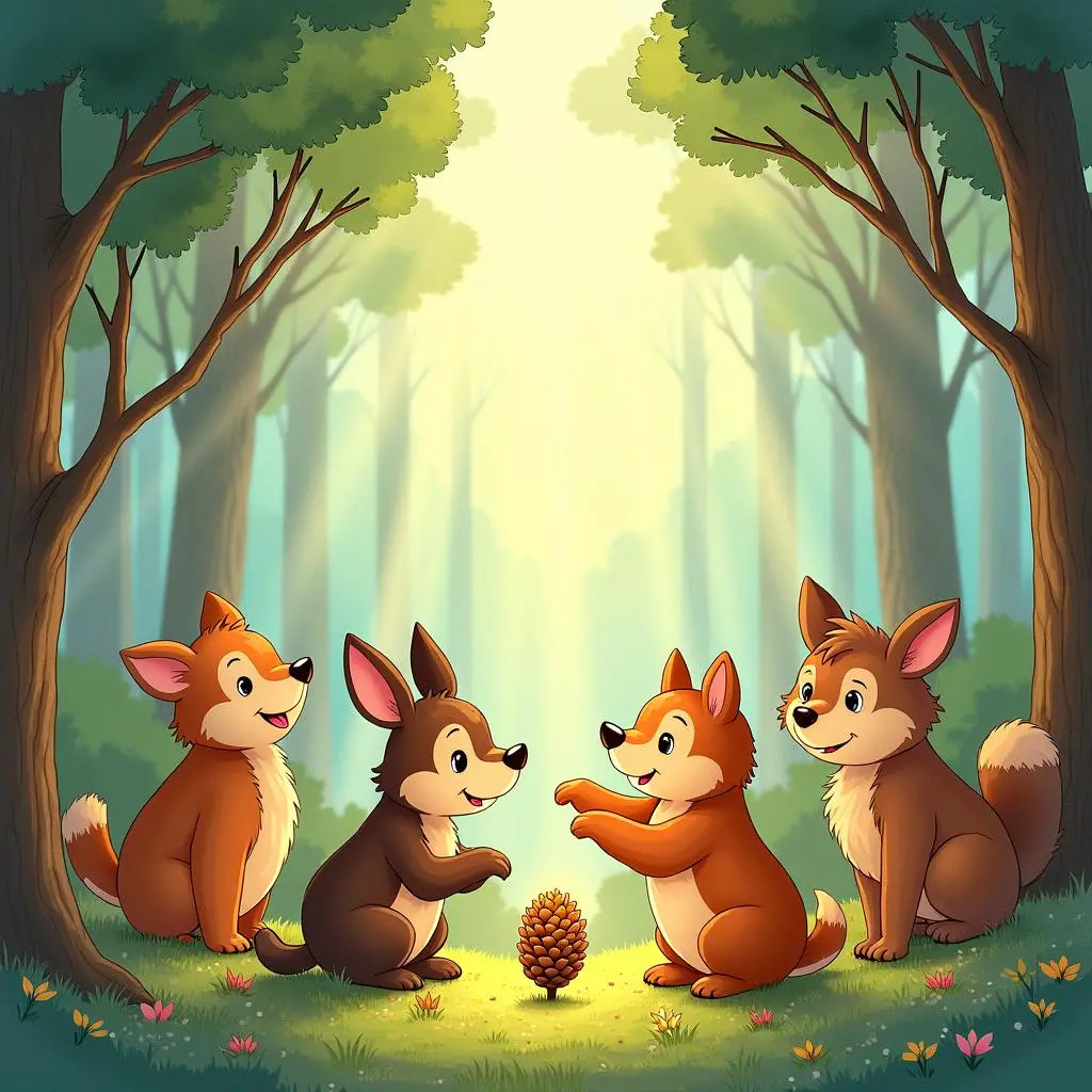 The small animals gather around the magic pine cone, with happy expressions on their faces