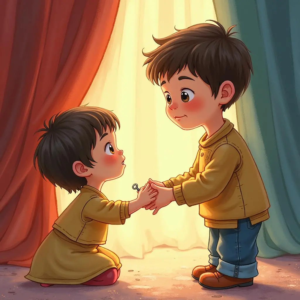 Raj and the puppet are looking at each other