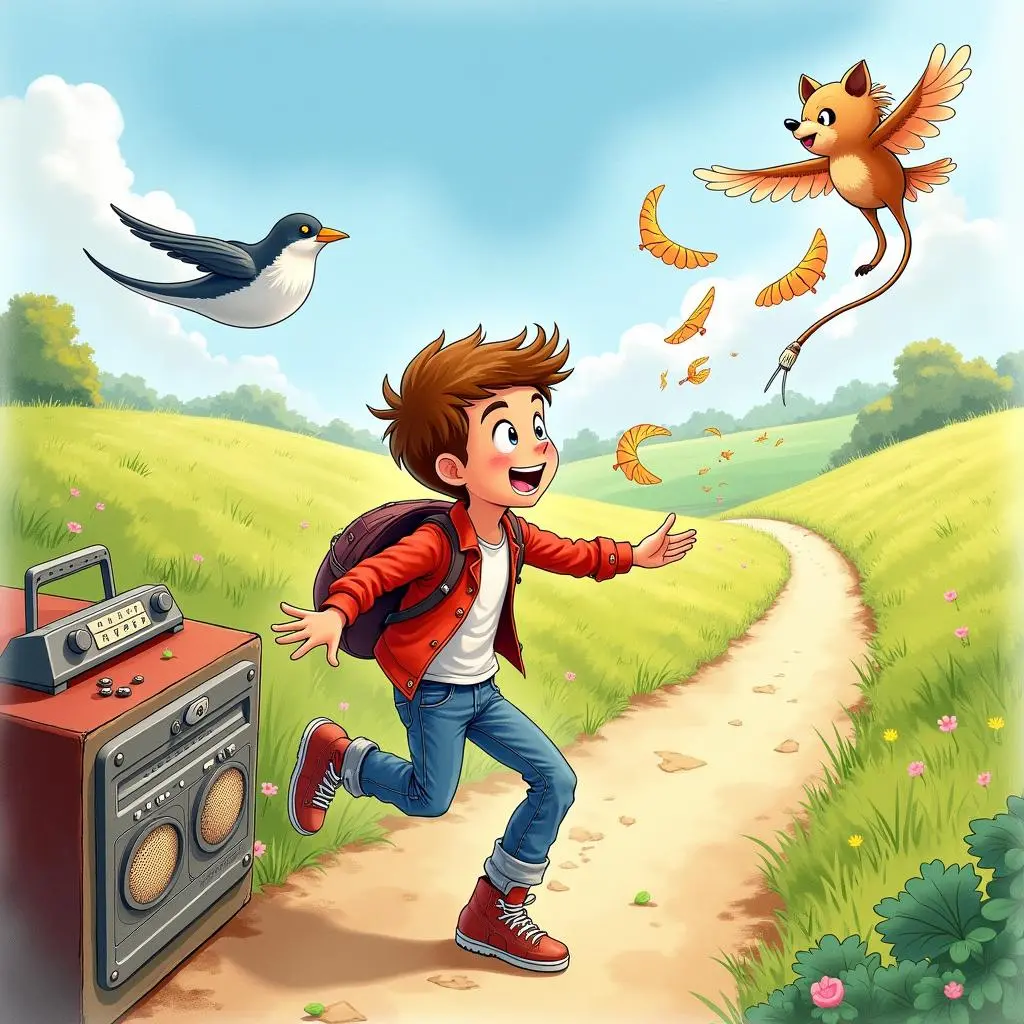 Tom runs outdoors with the radio