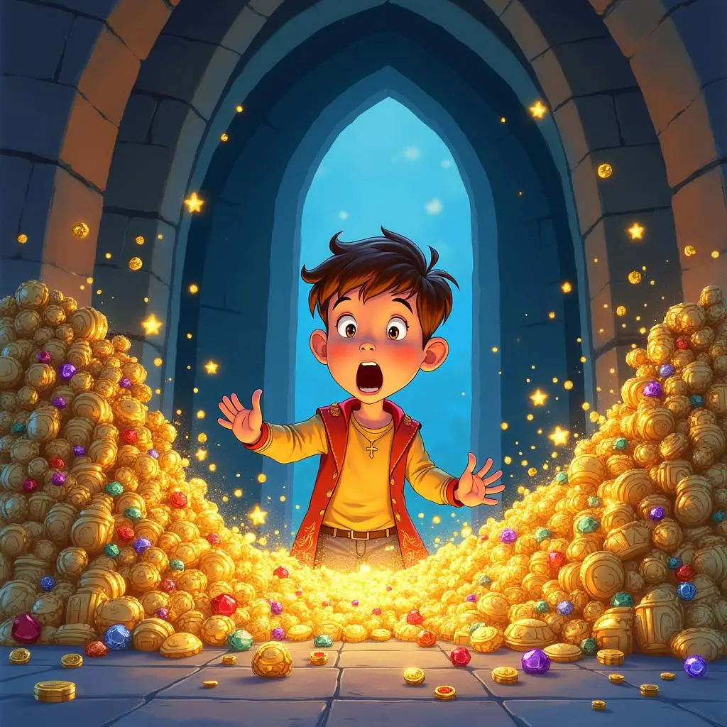The young man discovers a huge pile of treasures in the castle