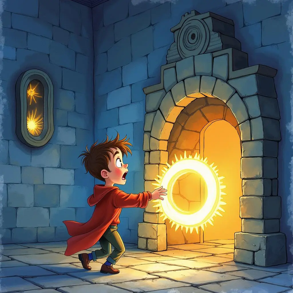 The young man escapes from the castle with the help of the magic ring