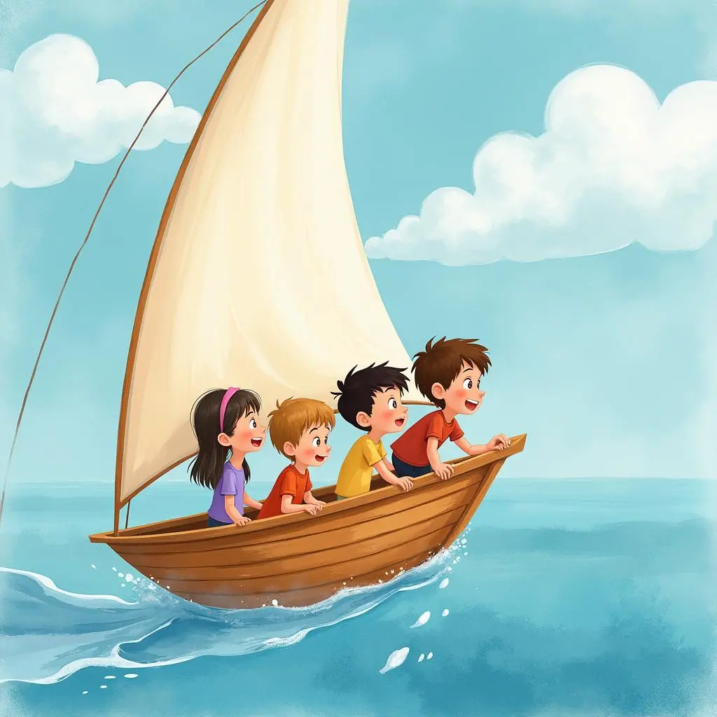 The children look around on the flying sailboat