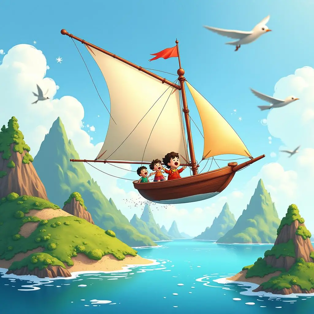 The sailboat flies over the colorful islands