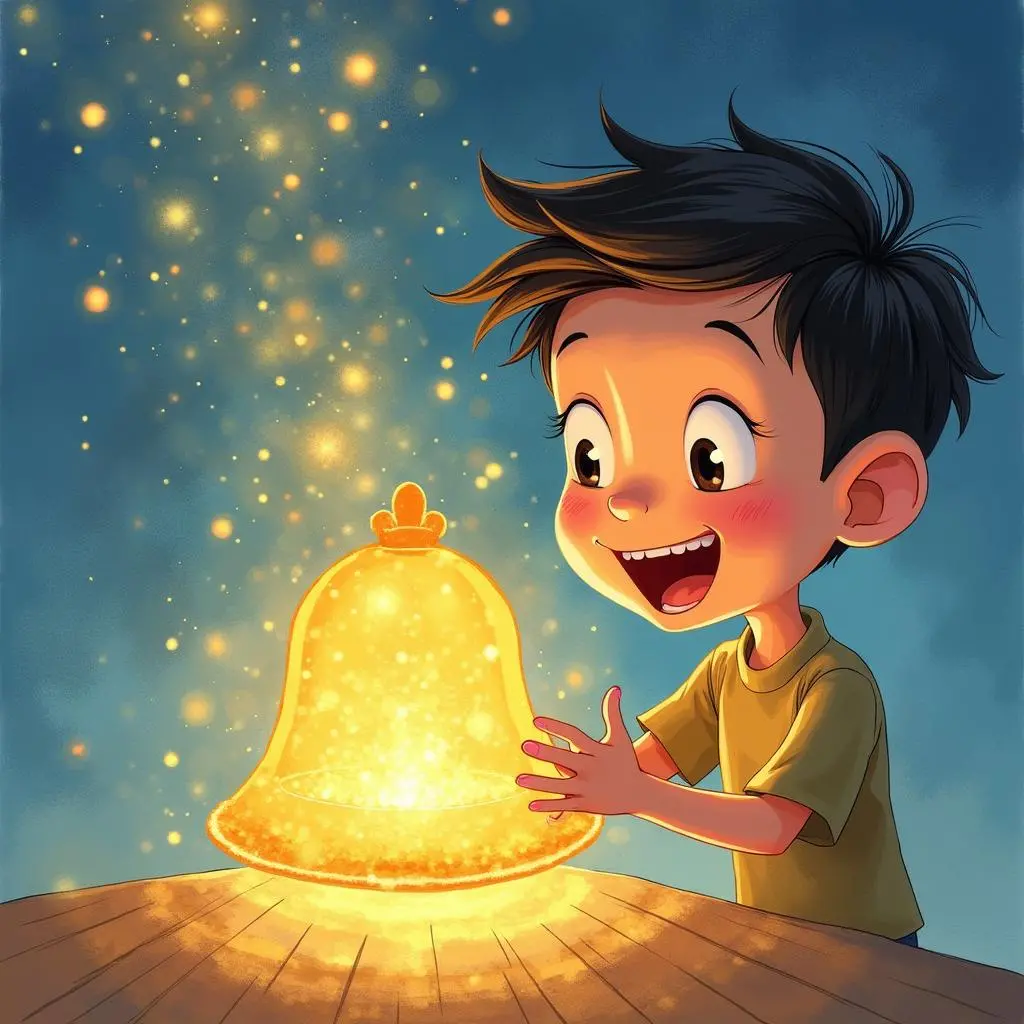 Raju holds the bell happily