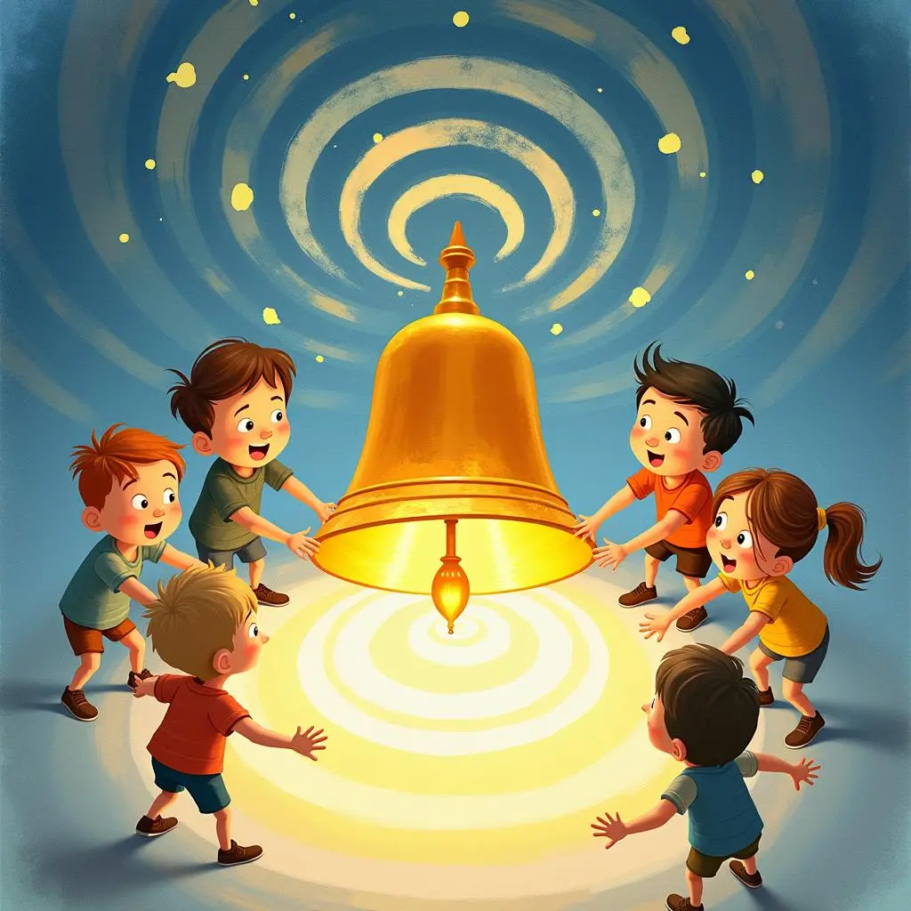 The friends gather around the bell