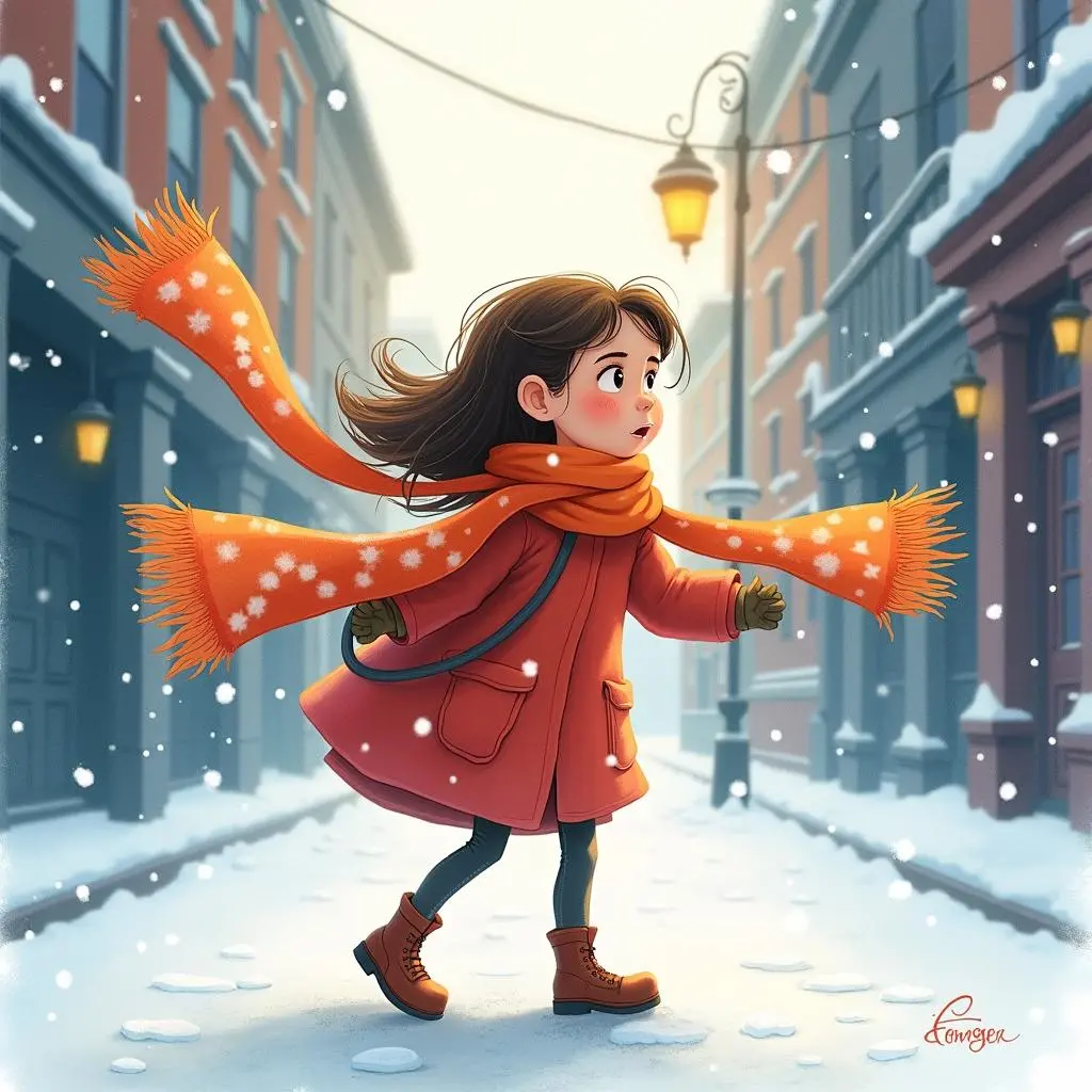 Kali hugs the scarf tightly in the cold wind