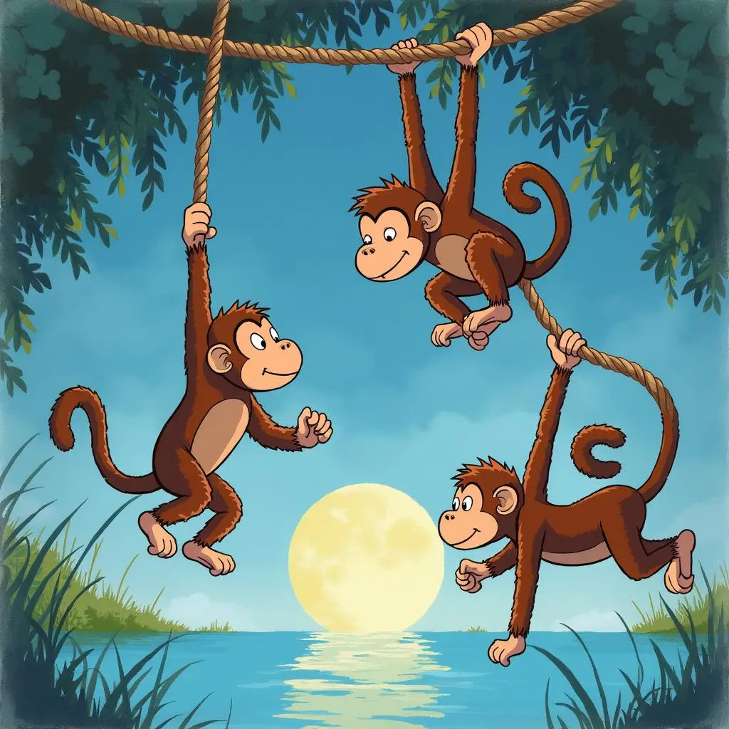 The monkeys hang upside down to fish for the moon