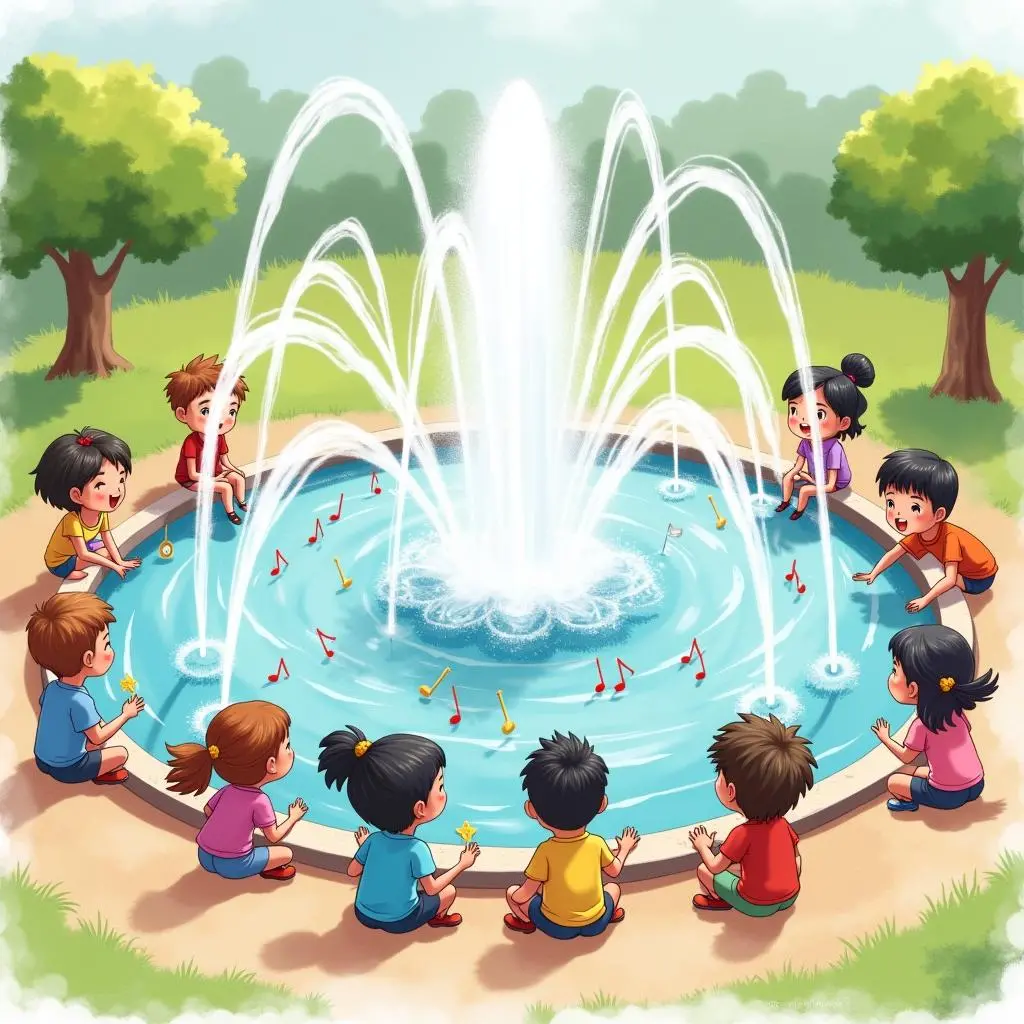 Children sitting around the fountain