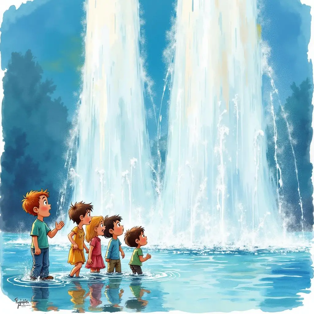The fountain spouts huge water columns