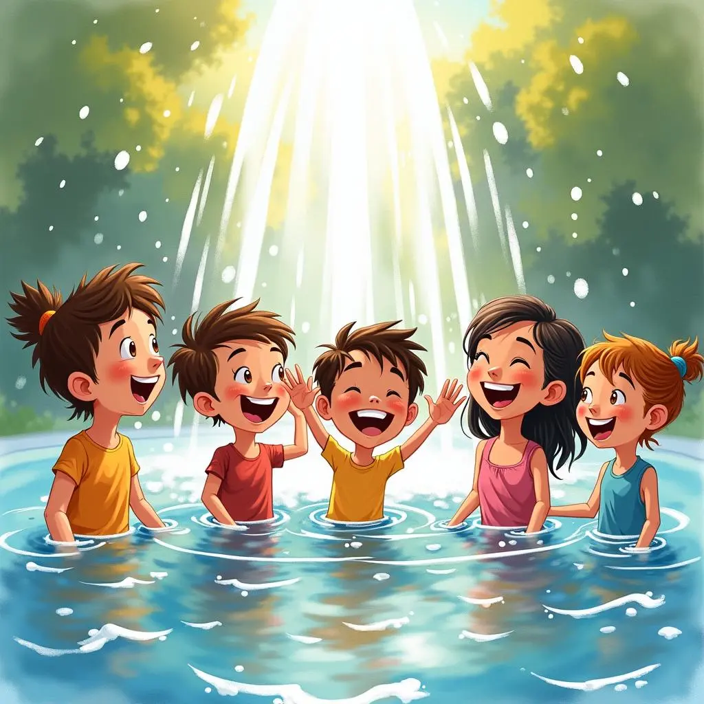 People laughing in the fountain