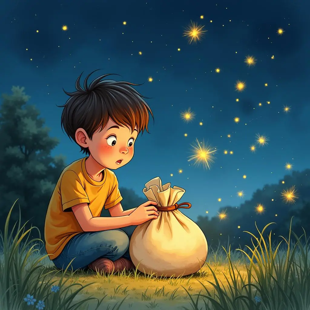 Che Yin catches fireflies with a bag
