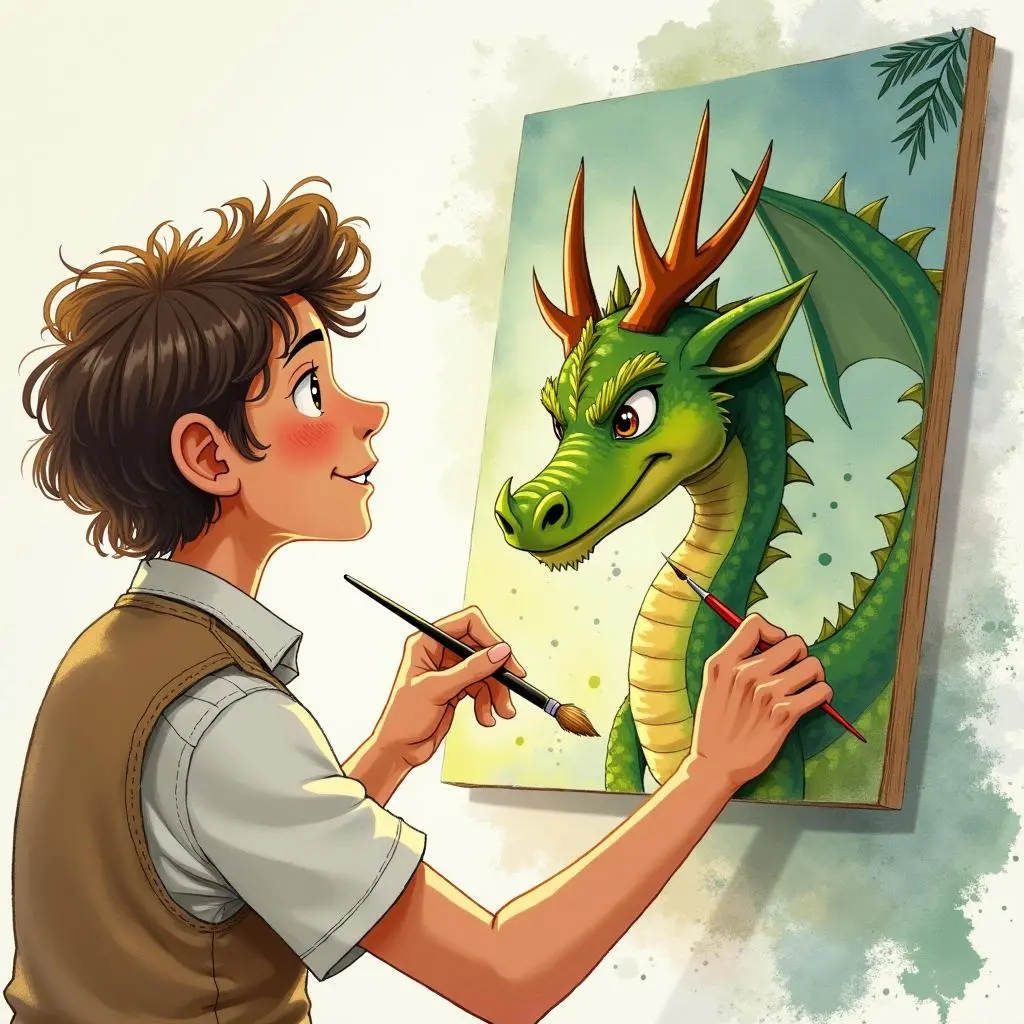 The painter holds a paintbrush and is about to paint on the dragon