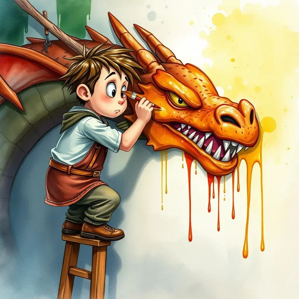 The painter stands on a ladder and is painting eyeballs for the dragon
