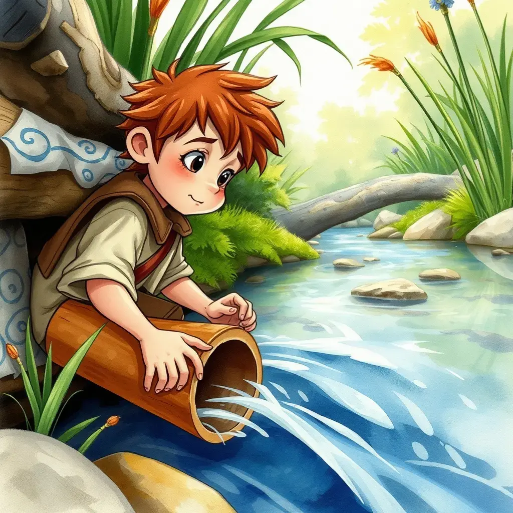 Pan is sitting by the stream making a reed flute