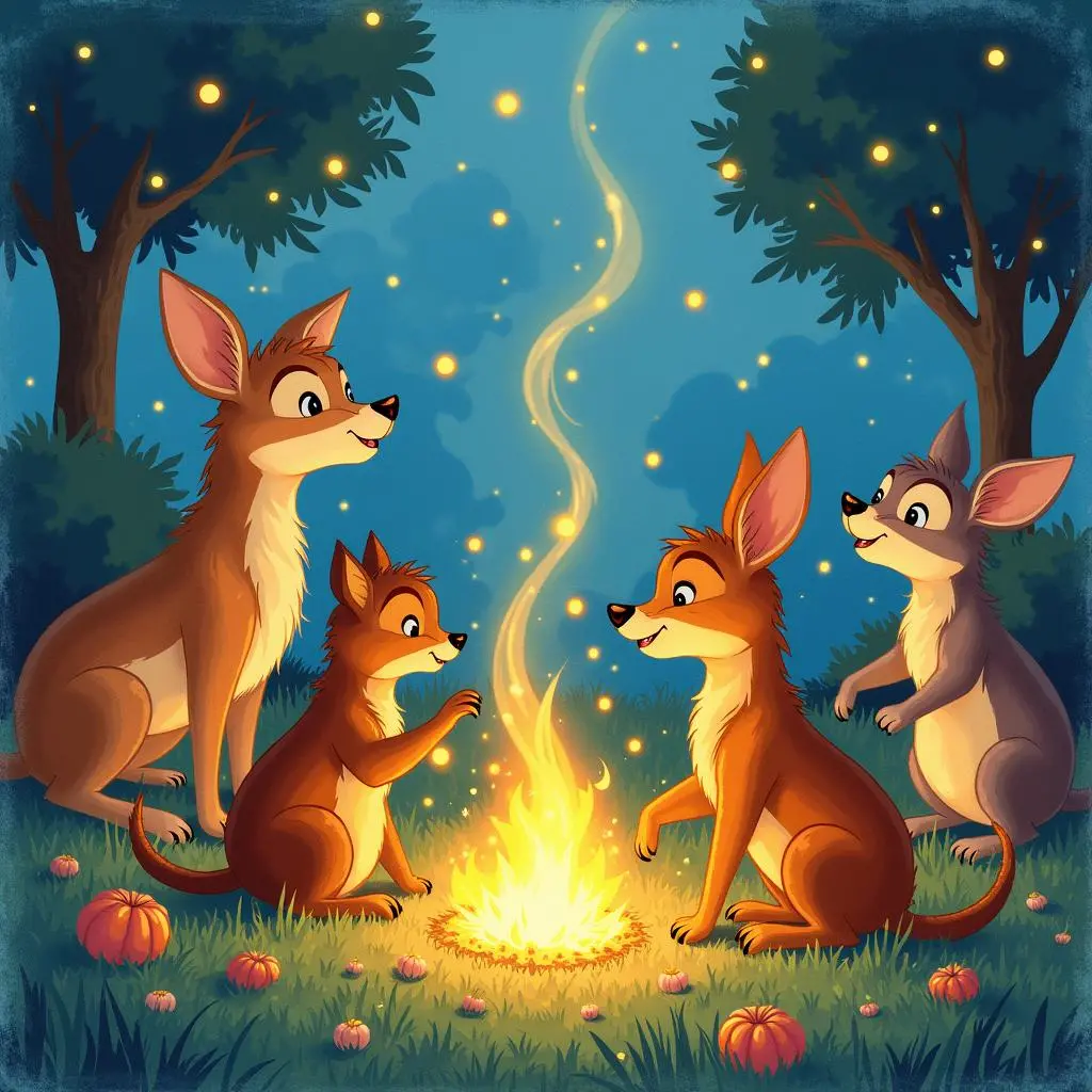 Animals gather around to listen to Pan playing the flute