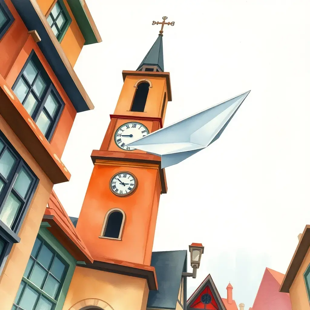 The paper airplane flies over the town's clock tower