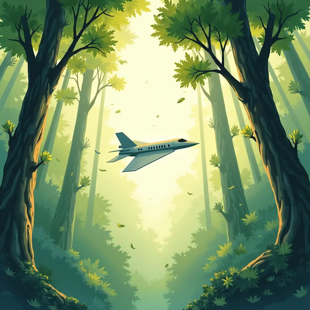 The paper airplane enters the forest