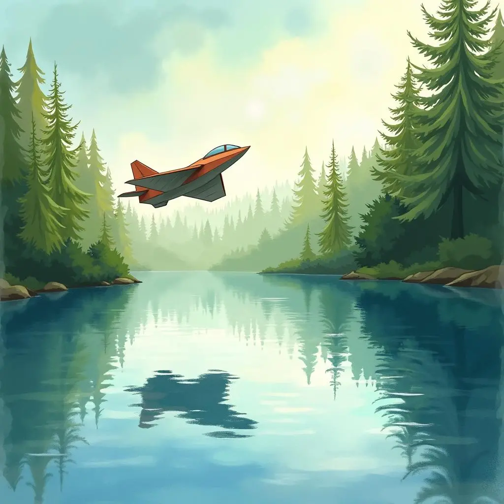 The paper airplane flies to the small lake in the forest