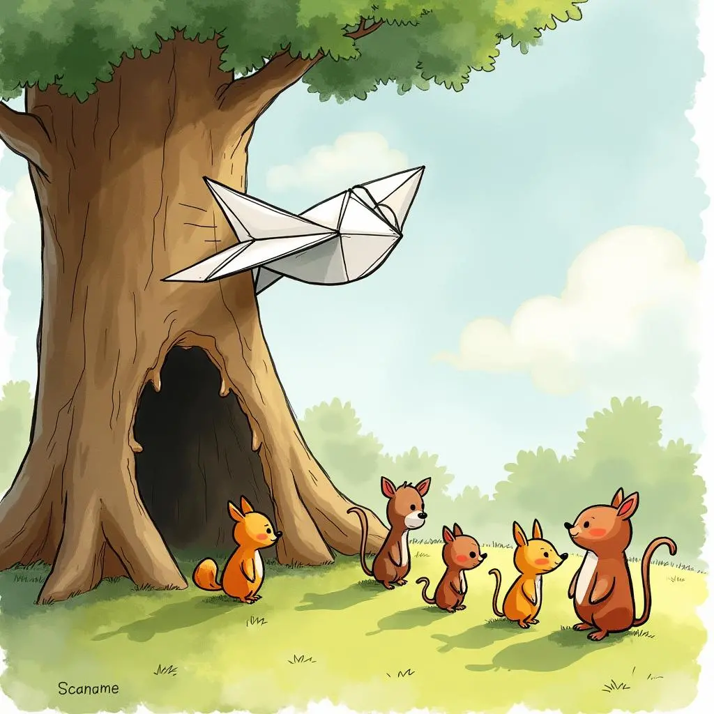 The paper airplane stops in front of a tree hole