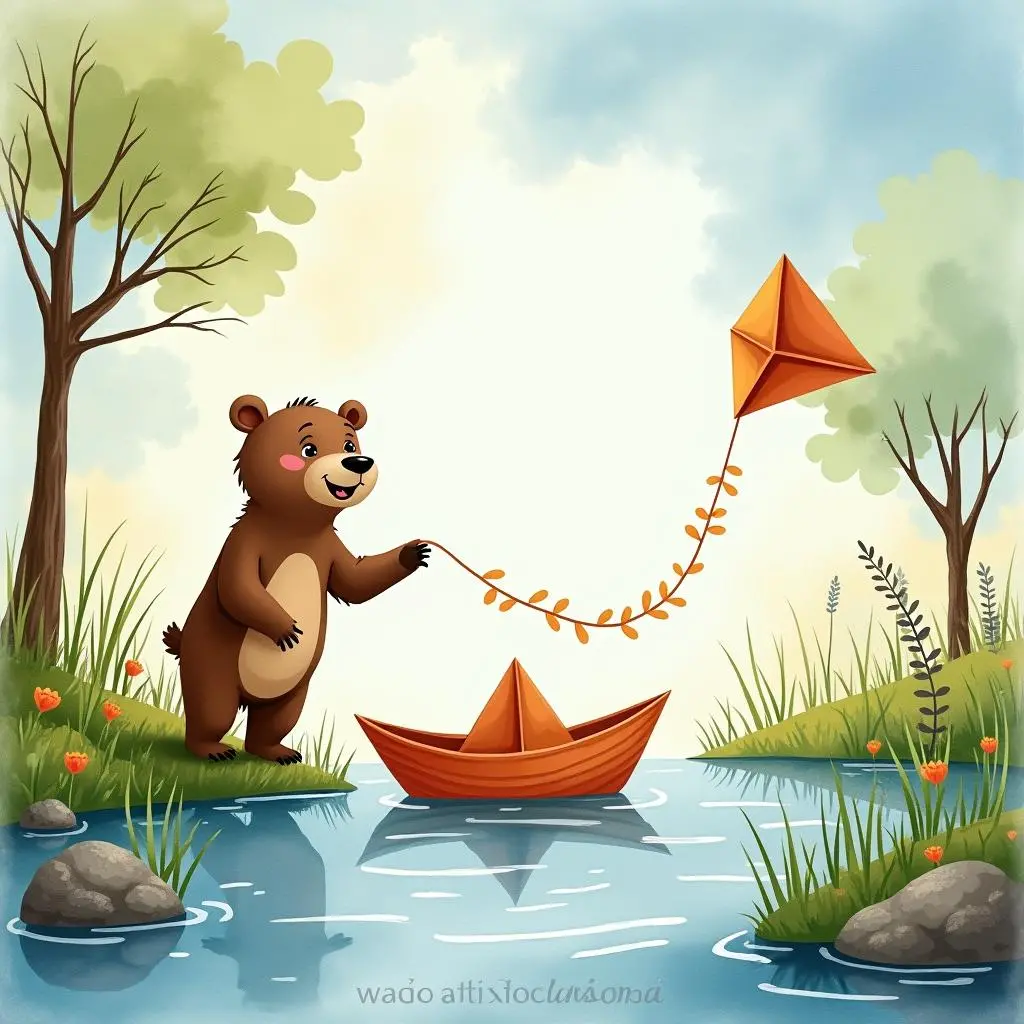 The little bear is setting off a paper boat by the stream