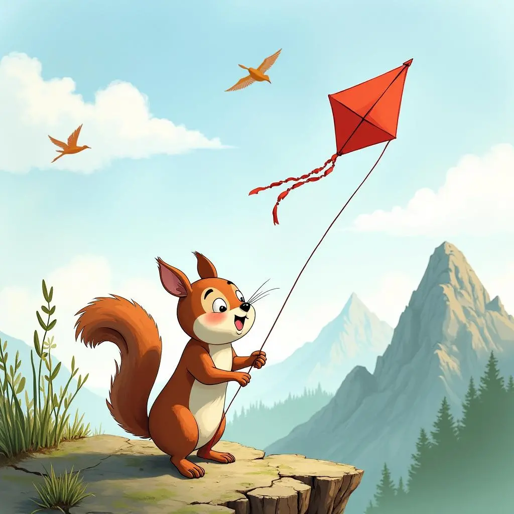 The squirrel is flying a kite on the top of the mountain