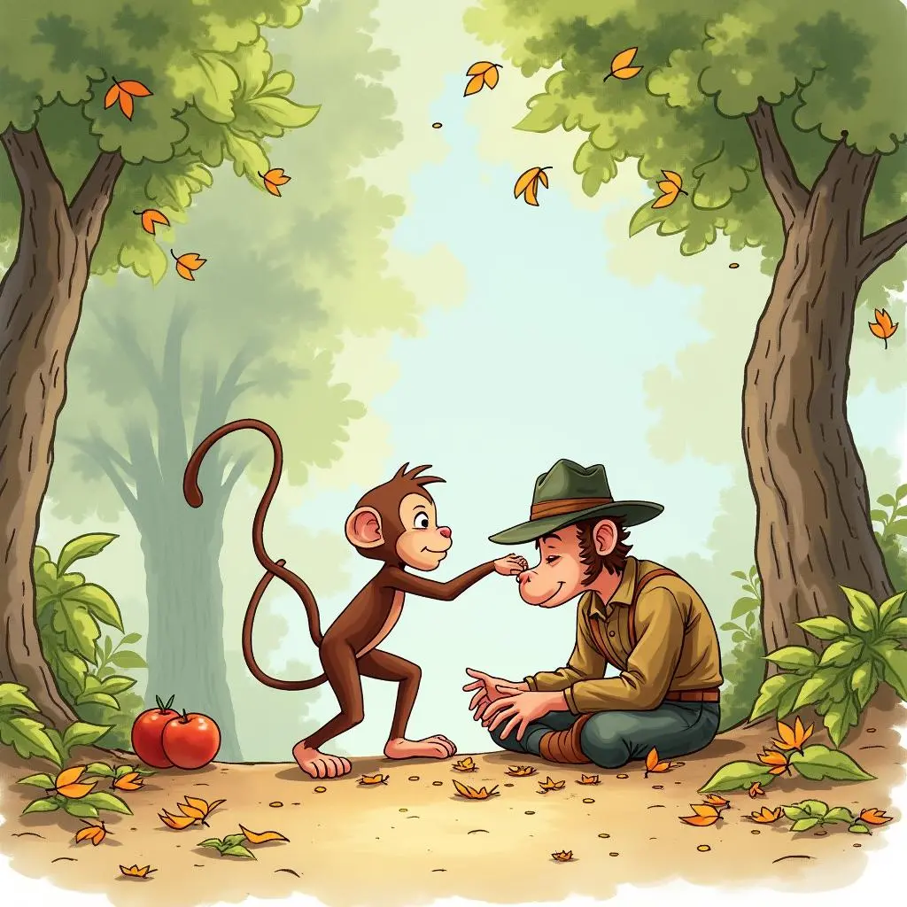 The little monkey quietly approaches the peddler