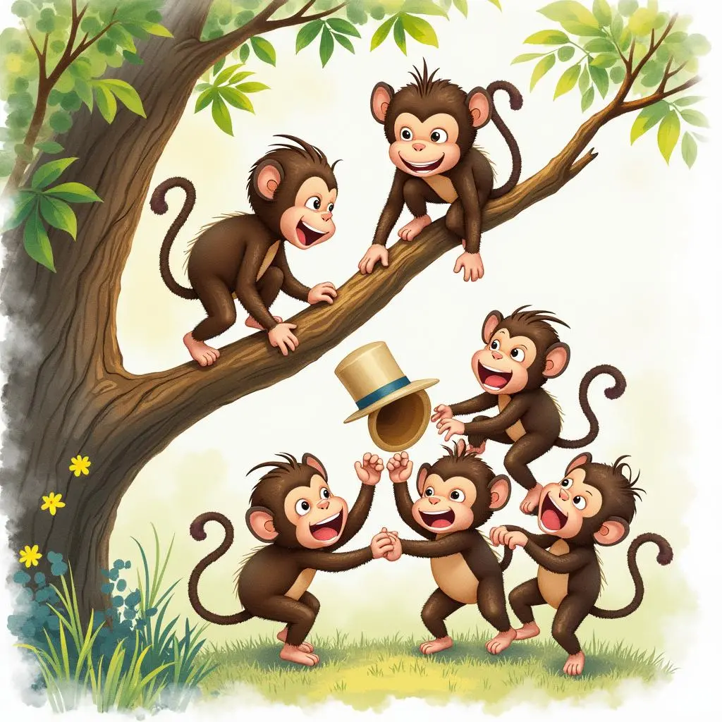 The monkeys fiddle with the hat in the tree