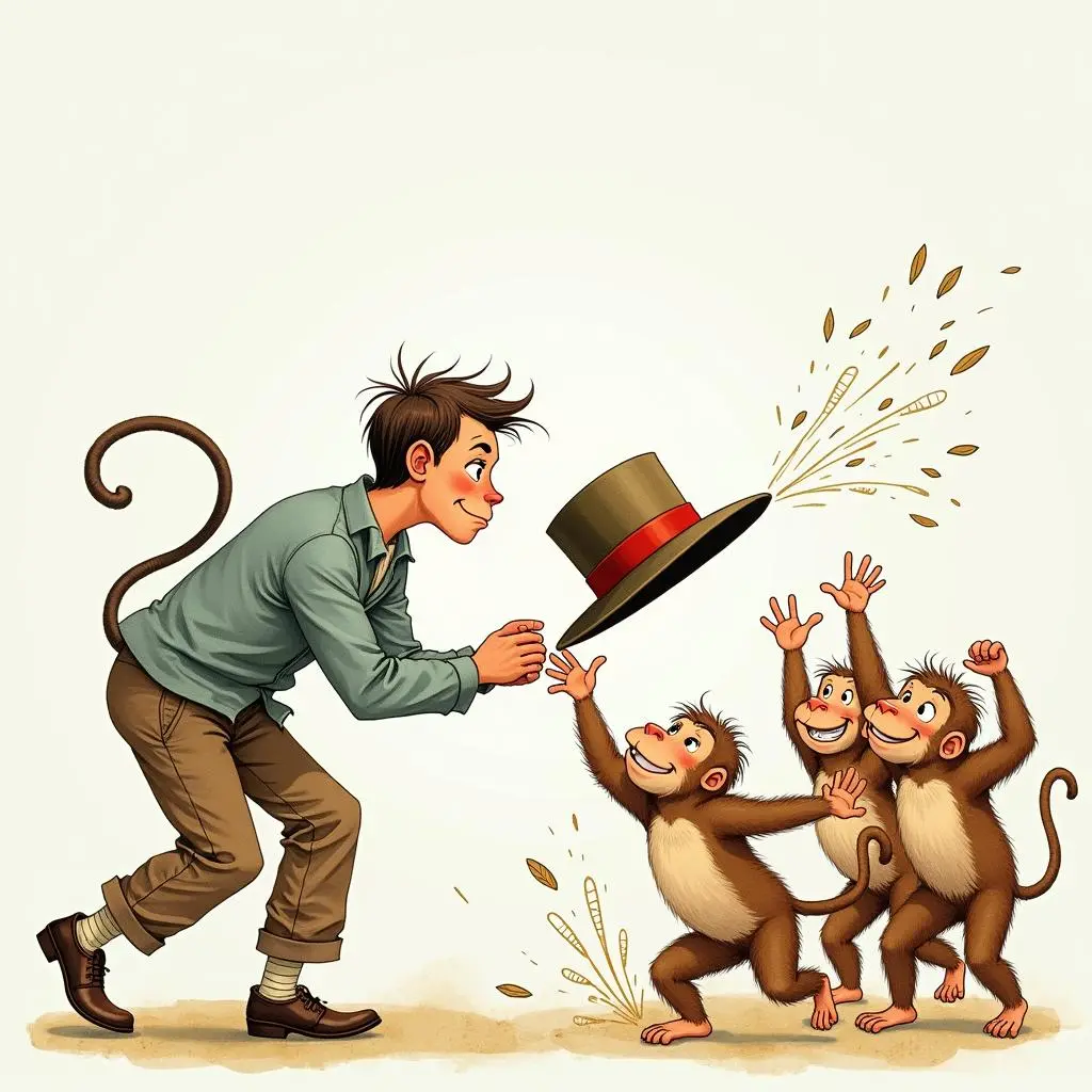The peddler tries to get his hat back