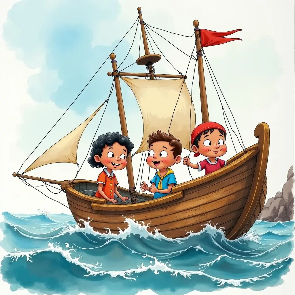 Children boarding a small boat and setting off