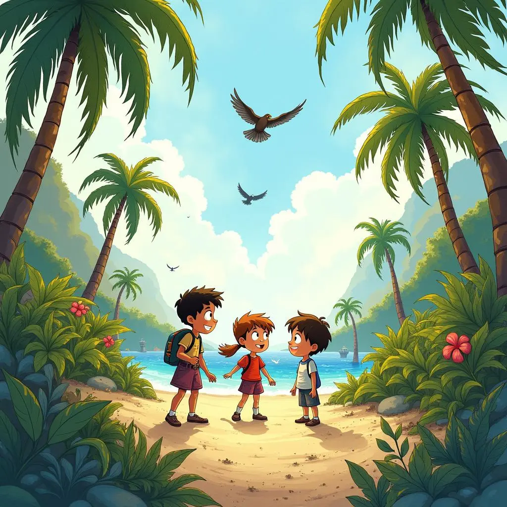 Children landing on the mysterious island
