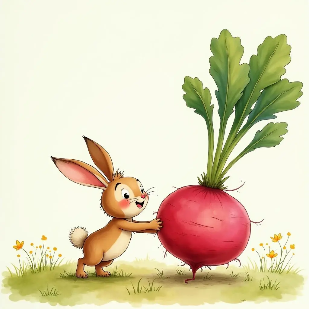 The little rabbit pulls out the radish