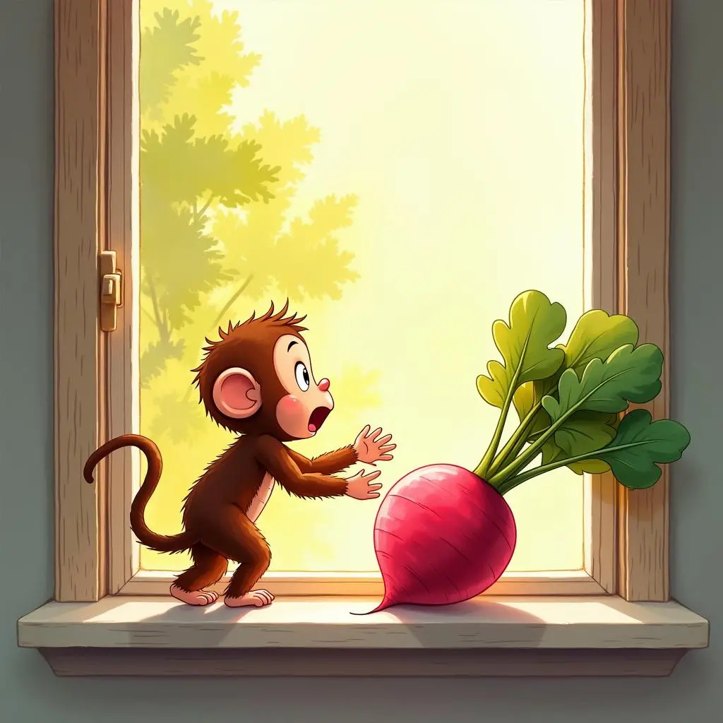 The little monkey sees the radish