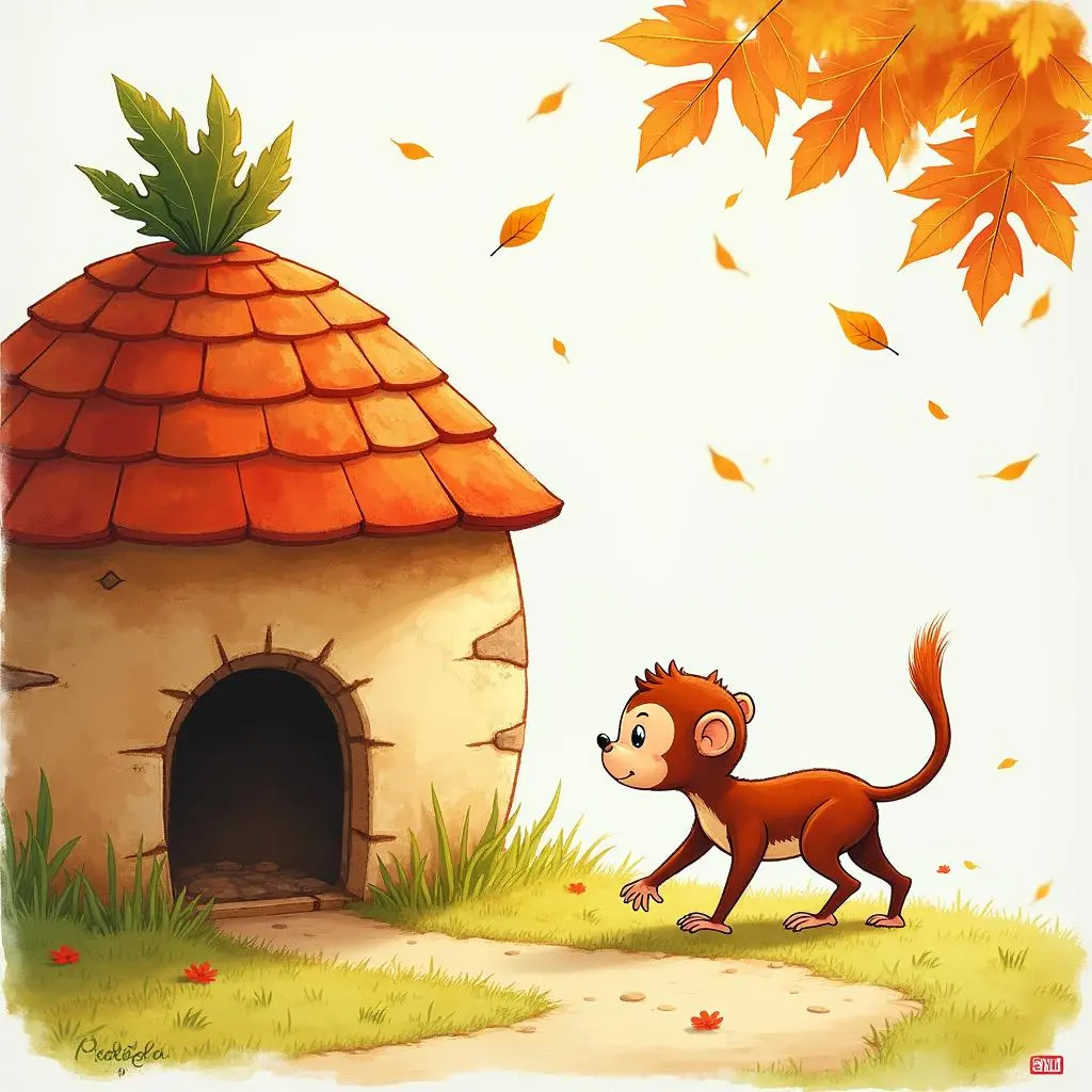 The little monkey comes to the fawn's house