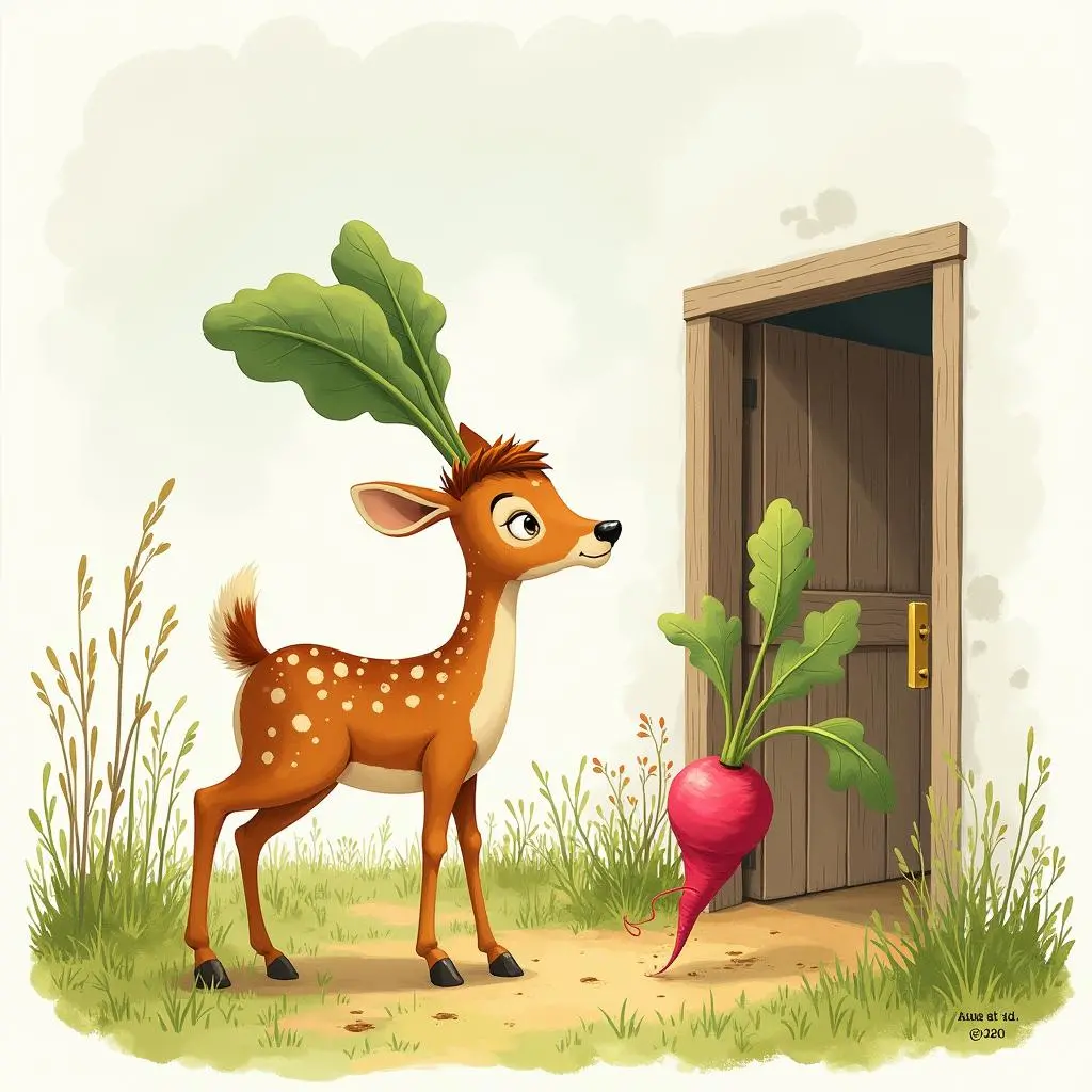 The fawn discovers the radish