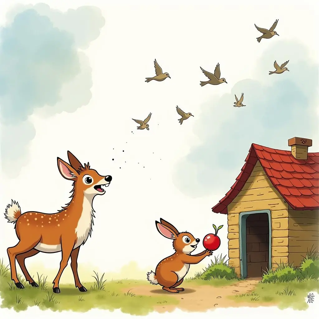 The fawn comes to the little rabbit's house