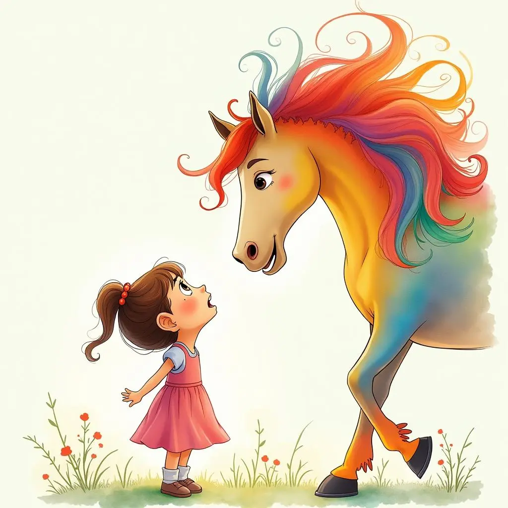 Lily looks up at the Rainbow Horse