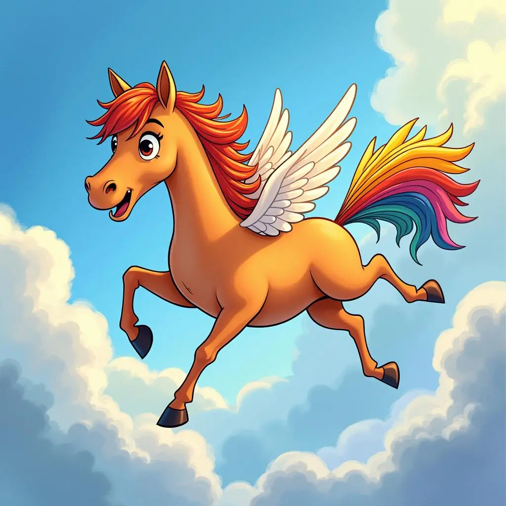 Lily rides the Rainbow Horse on the rainbow