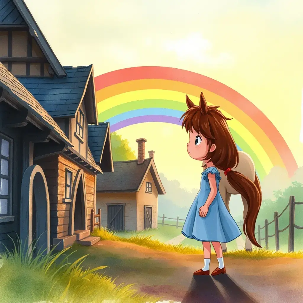Lily stands in the village and watches the Rainbow Horse leave