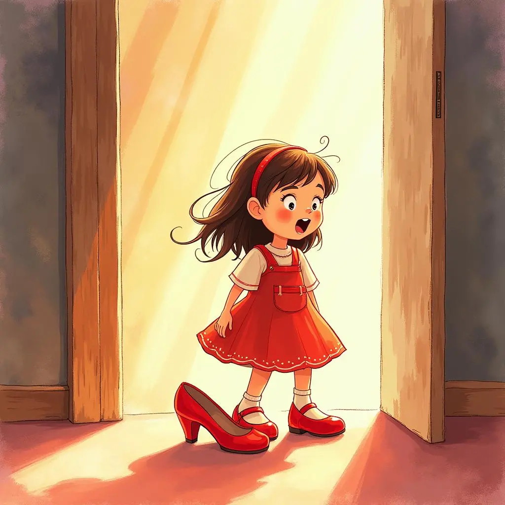 The little girl puts on the red shoes