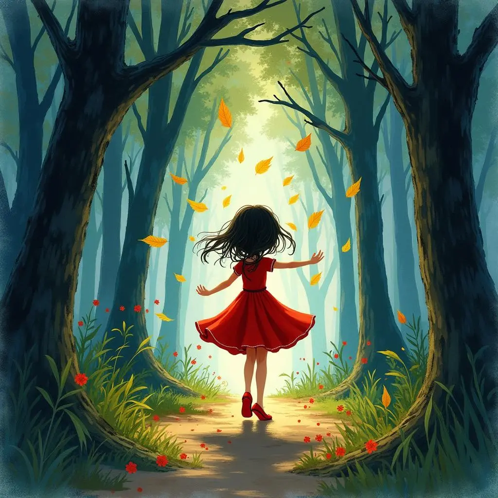 The little girl dances towards the forest