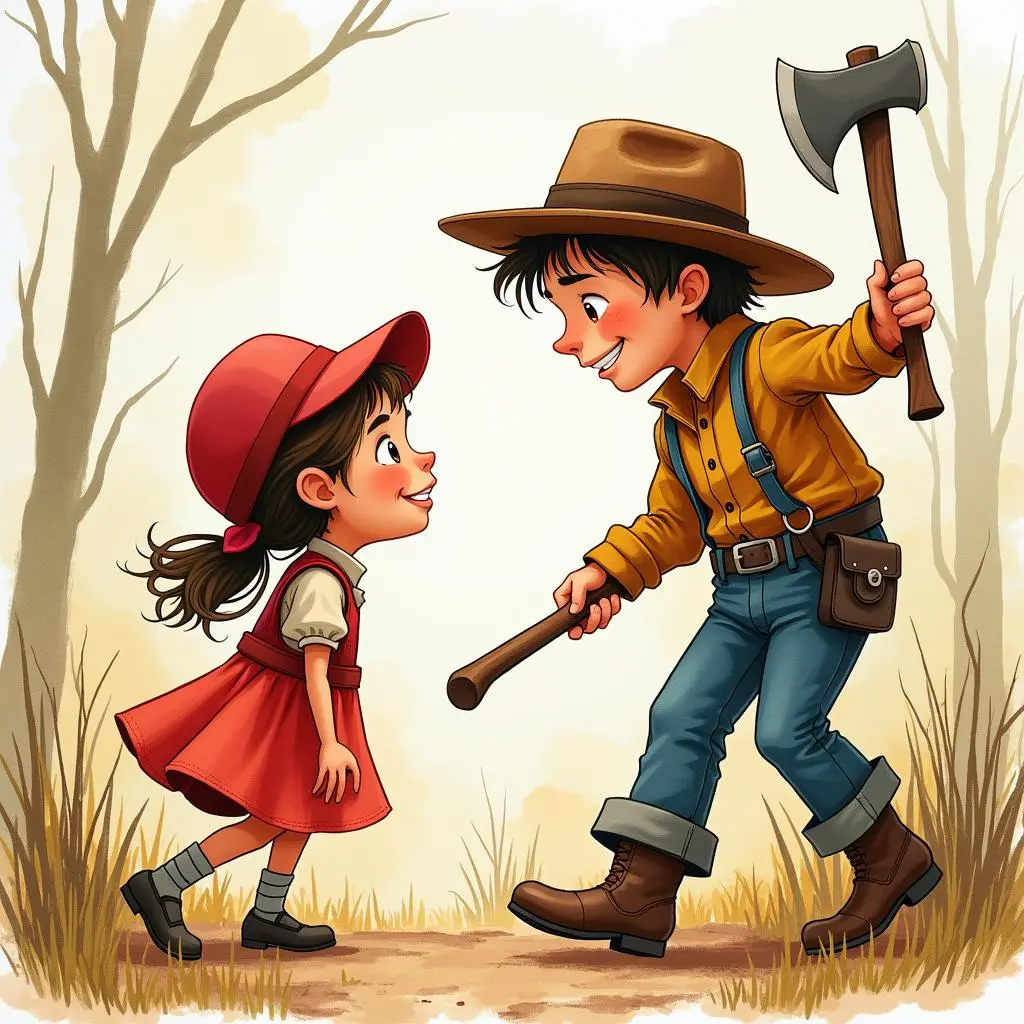 The little girl meets a lumberjack