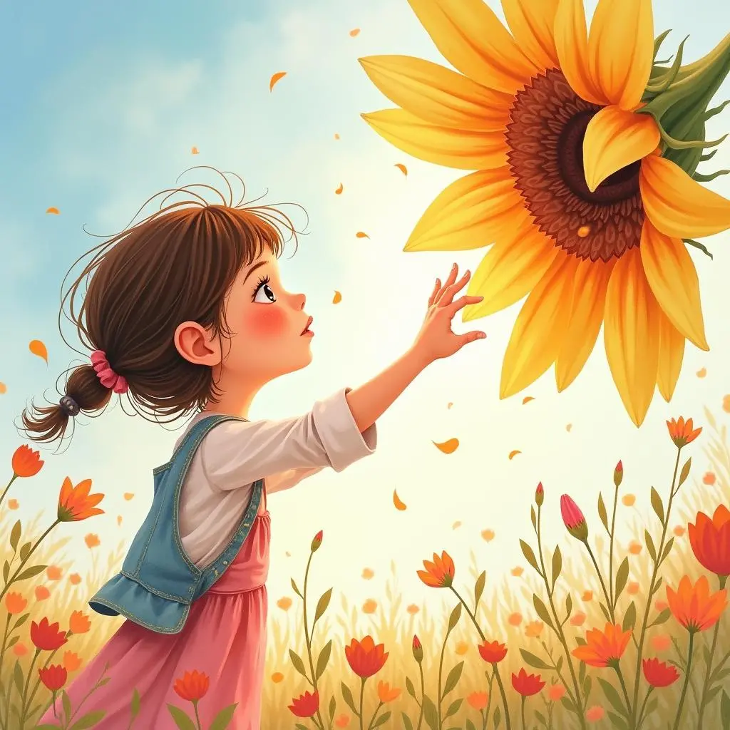 The little girl makes a wish on the petal