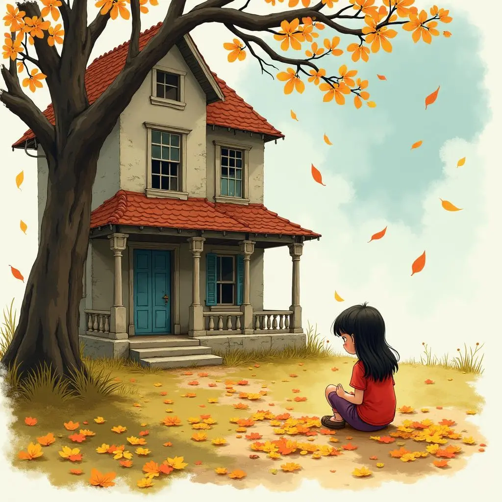 The little girl sits in front of the dilapidated house