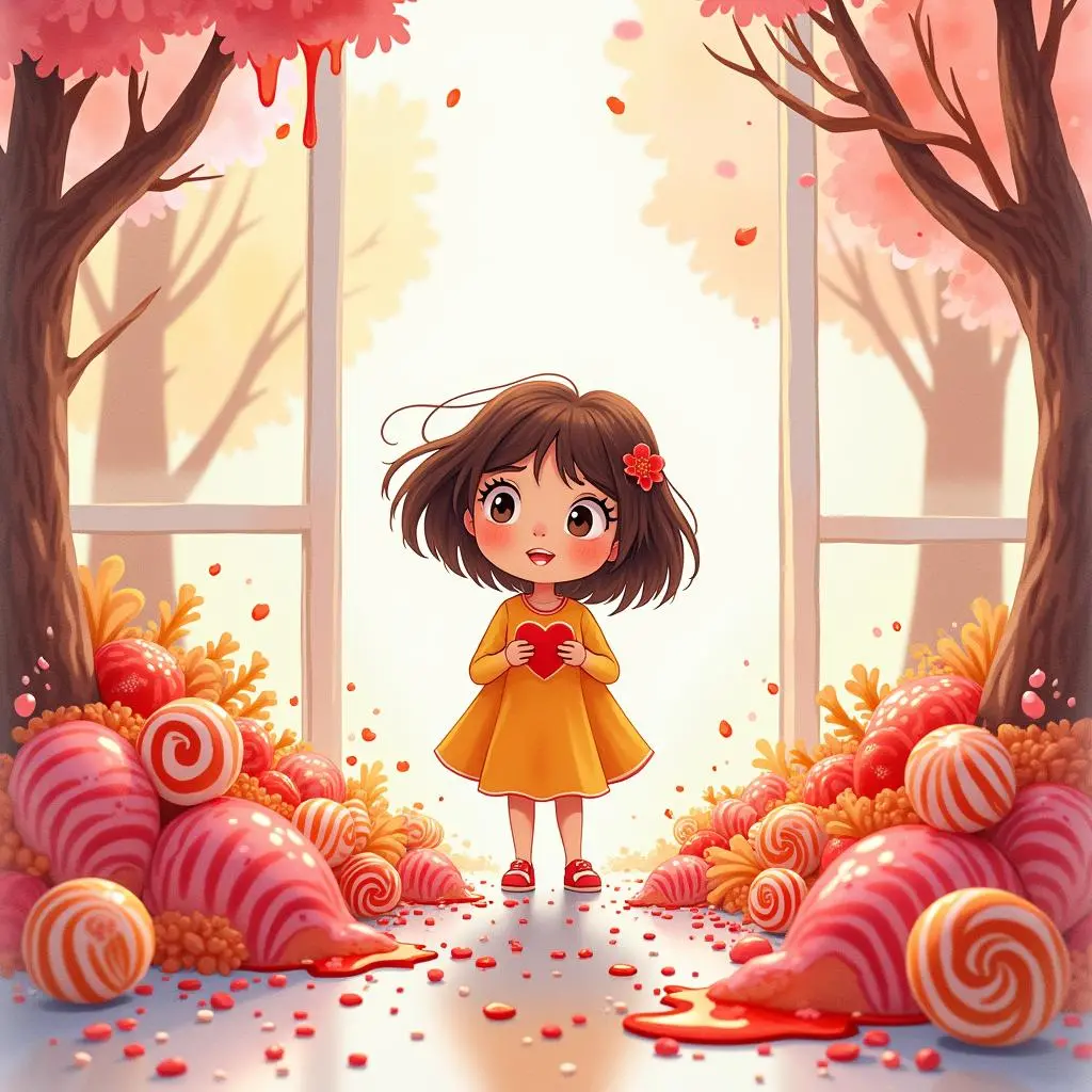 The little girl is in a place full of candies