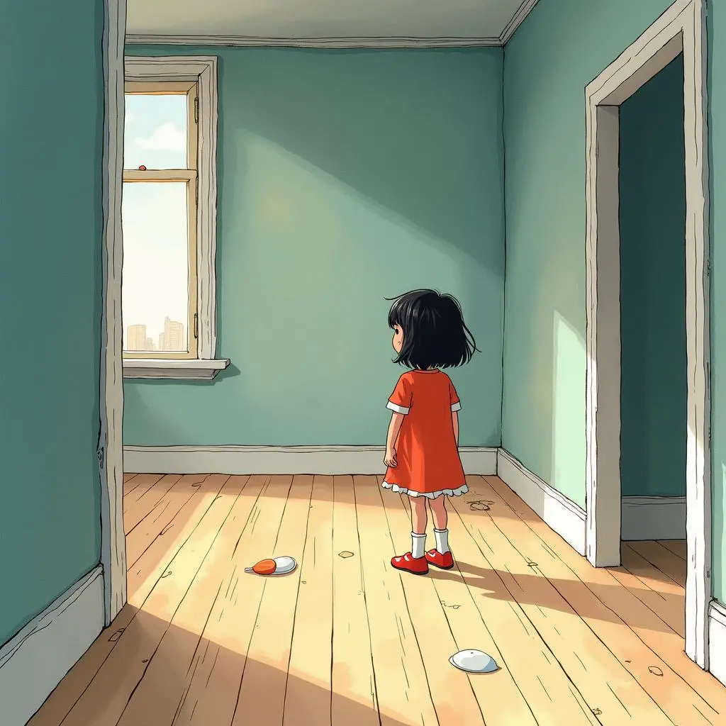 The little girl is in the empty big house