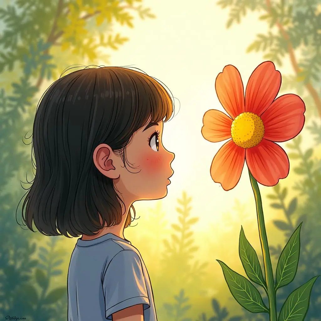 The little girl looks at the last petal